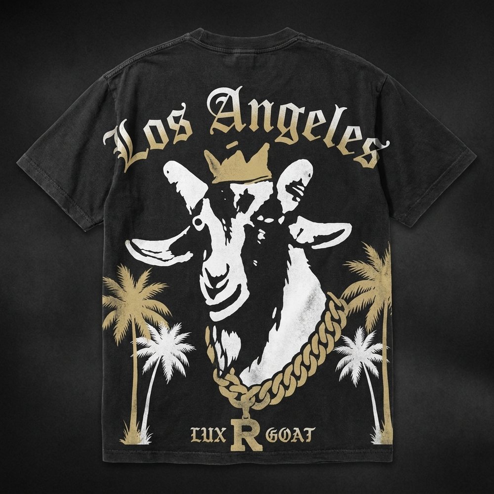Washed black tee, gold Los Angeles script over the crowned goat and palms